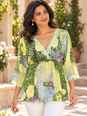 Piano Blouse Silky Pretty Empire Waist SzL Green/Yellow 3/4Sleeves